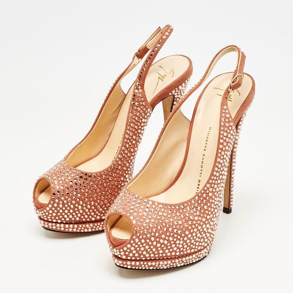 Giuseppe Zanotti Pink Suede Crystal Embellished Liza Peep Toe Platform Pumps - Picture 2 of 7